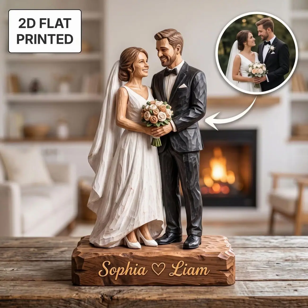 Personalized Custom Photo 2D FLAT Wooden Block, Family Portrait Figurine, Wedding Anniversary Gift, Couple Wooden Decor, Romantic Keepsake