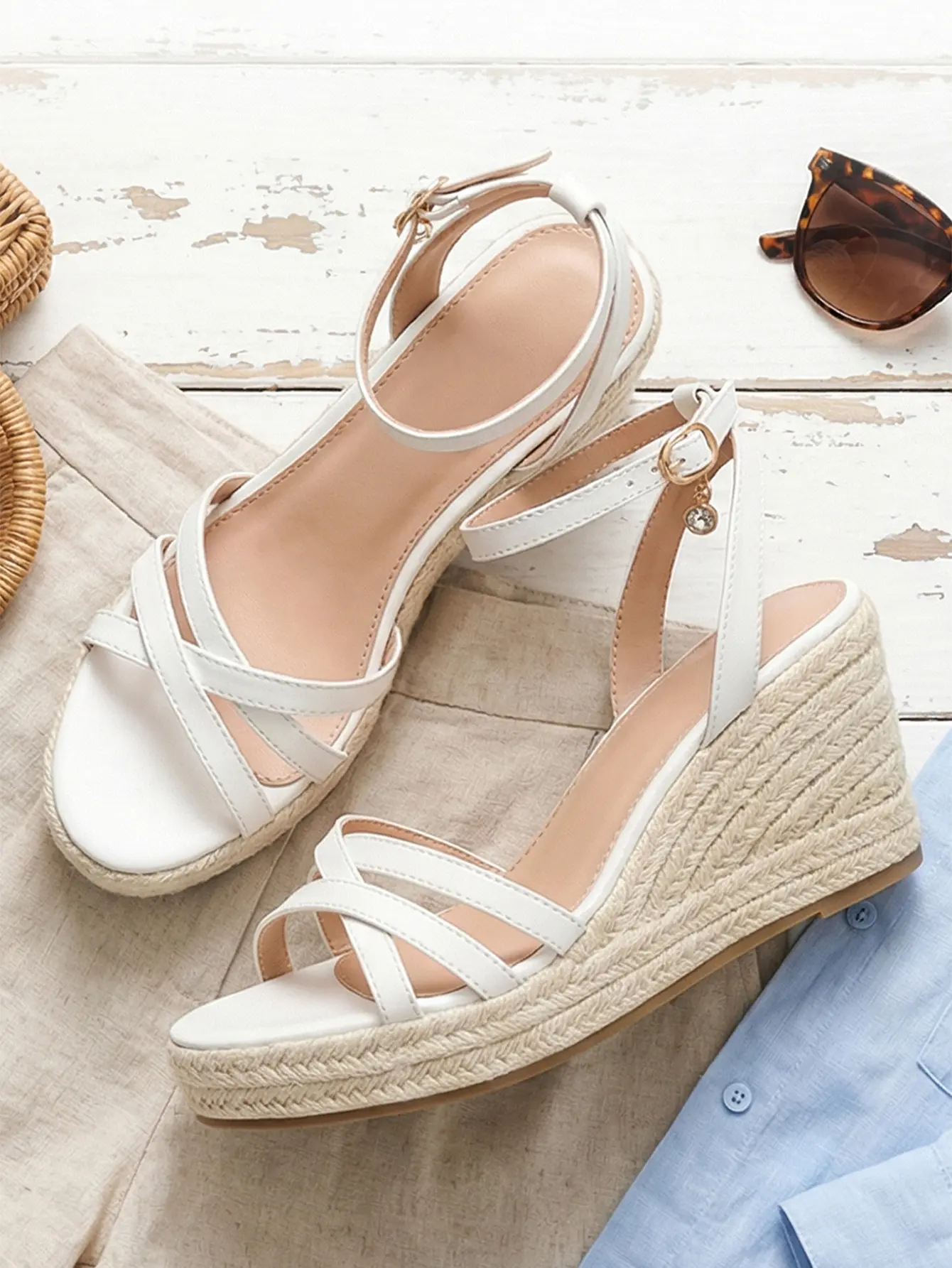 Women’s Strappy Crisscross Espadrille Platform Wedge Sandals with Ankle Strap, Adjustable Buckles, PU Upper - Ideal for Beach & Walk, Holiday Wear, Evening Out