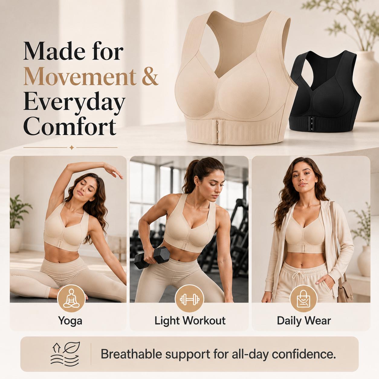 【Postural correction】Women’s Beige Wireless Bra, Soft Breathable Non-removable Moulded Cups, Yoga Fitness Sportswear for Gym & Daily Training Breathable Comfy Bra Posture Shaping Bra