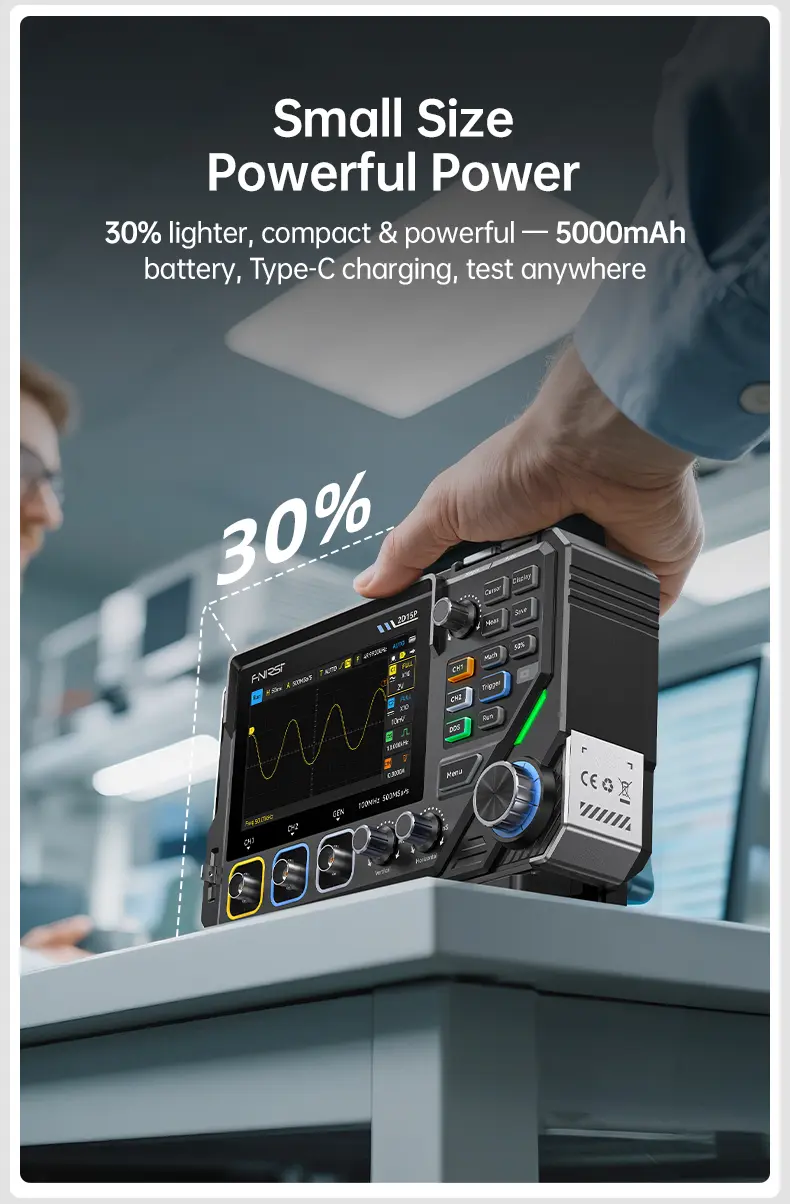 FNIRSI 2D15P Handheld Oscilloscope Multimeter - 3-in-1 Digital 2CH Automotive Tool with 100MHz Bandwidth, 500MS/s Sampling, 19,999 TRMS Counts, 10MHz DDS Signal Generator, 4.3 Touch Screen, 128-Level Grayscale Display, 6 Math Operations, Built-in Cells