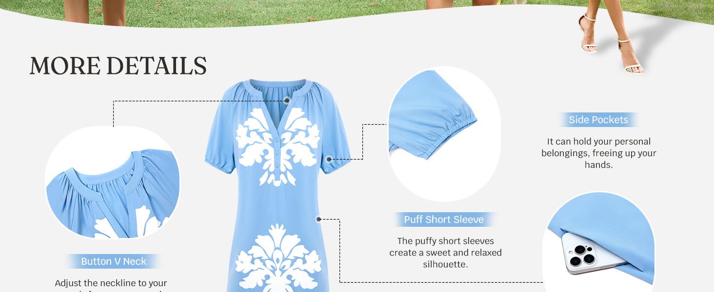 Wenrine Women's Puff Short Sleeve Mini Dress Summer Floral Print Button V Neck Loose Casual Shift Dresses with Pockets