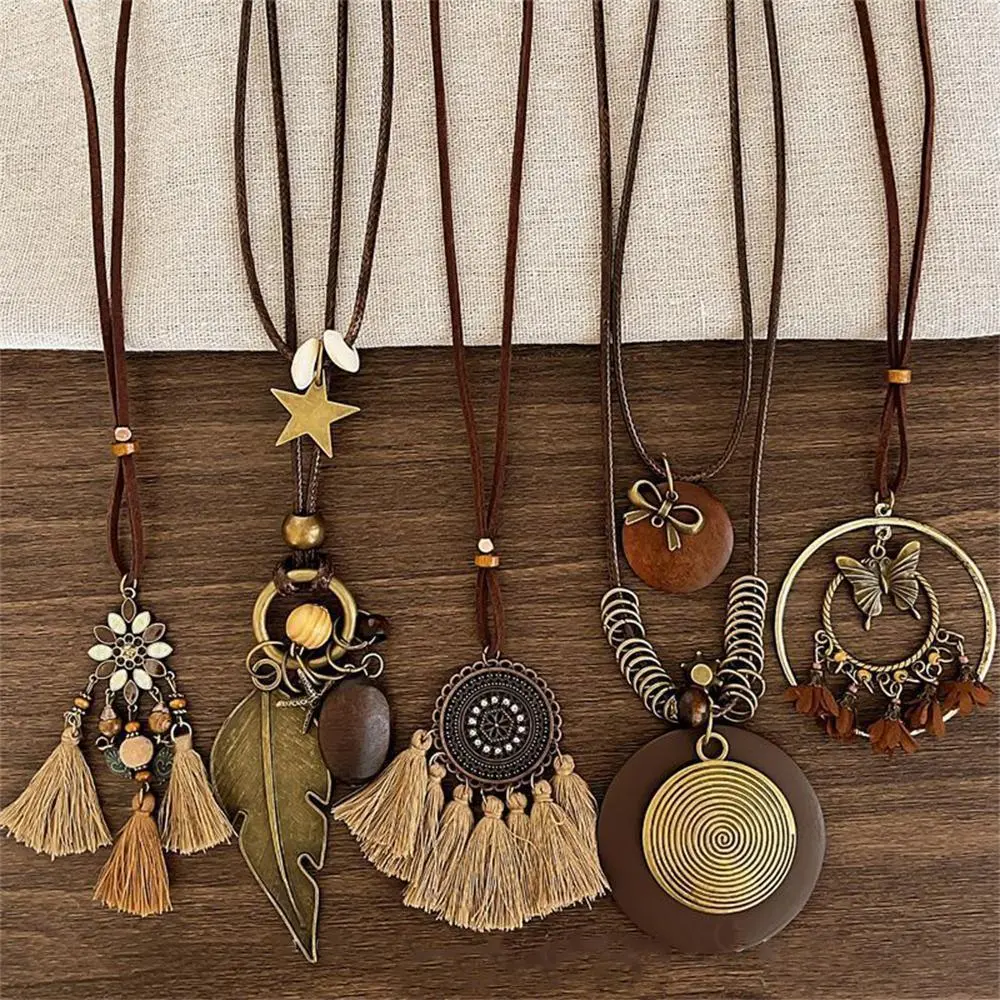 5pcs Bohemian Vintage Necklace Set for Women - Layered Y-Drop Choker with Feather, Leaf, Butterfly & Star Pendants, Maillard Color Palette (Brown/Black/Blue/Green/Red) - Elegant Everyday & Party Jewelry Gift for Birthdays, Anniversaries