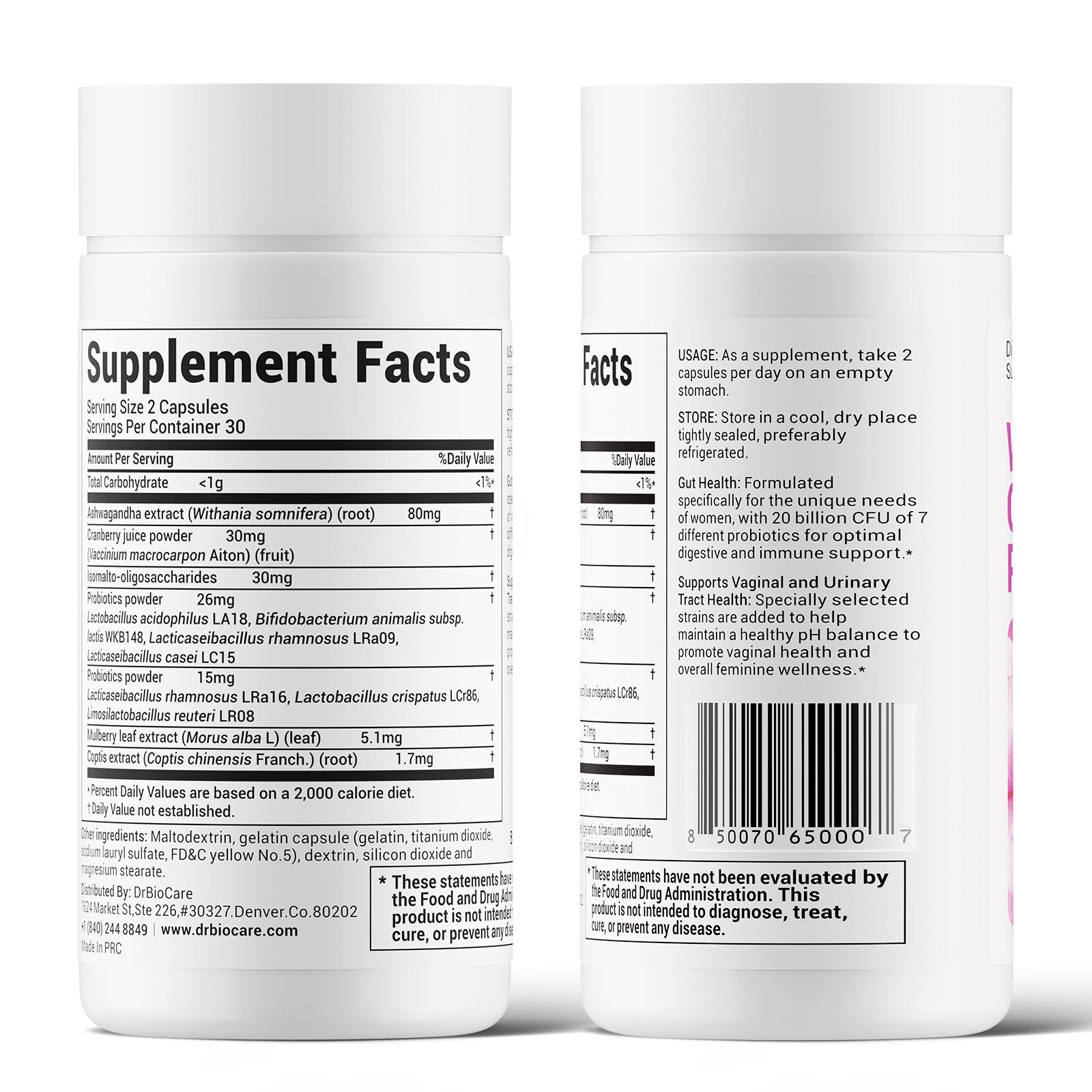 DrBioCare Women’s Probiotic + Herbal Balance Complex – 7 Strains Probiotics (20 Billion CFU) – Gut Health, Energy & Digestive Support – With Ashwagandha, Cranberry & Mulberry Leaf – Non-GMO, Gluten-Free, Soy-Free, Dairy-Free