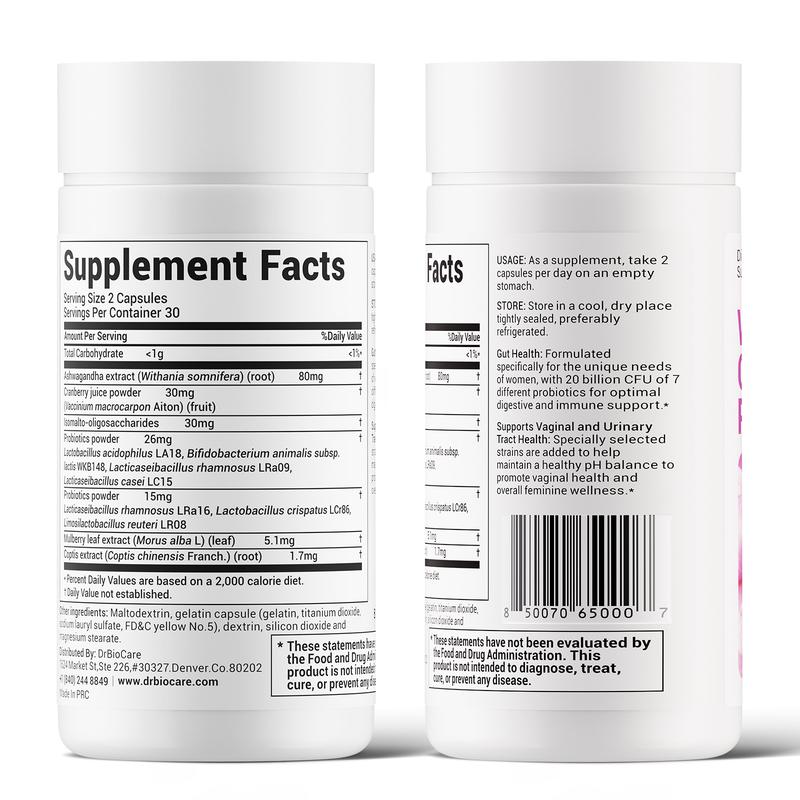 DrBioCare Women’s Probiotic + Herbal Balance Complex – 7 Strains Probiotics (20 Billion CFU) – Gut Health, Energy & Digestive Support – With Ashwagandha, Cranberry & Mulberry Leaf – Non-GMO, Gluten-Free, Soy-Free, Dairy-Free