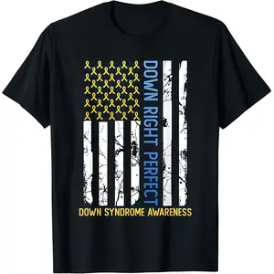 Down Right Perfect Yellow & Blue American Flag Down Syndrome T-Shirt Tshirt Round Neck