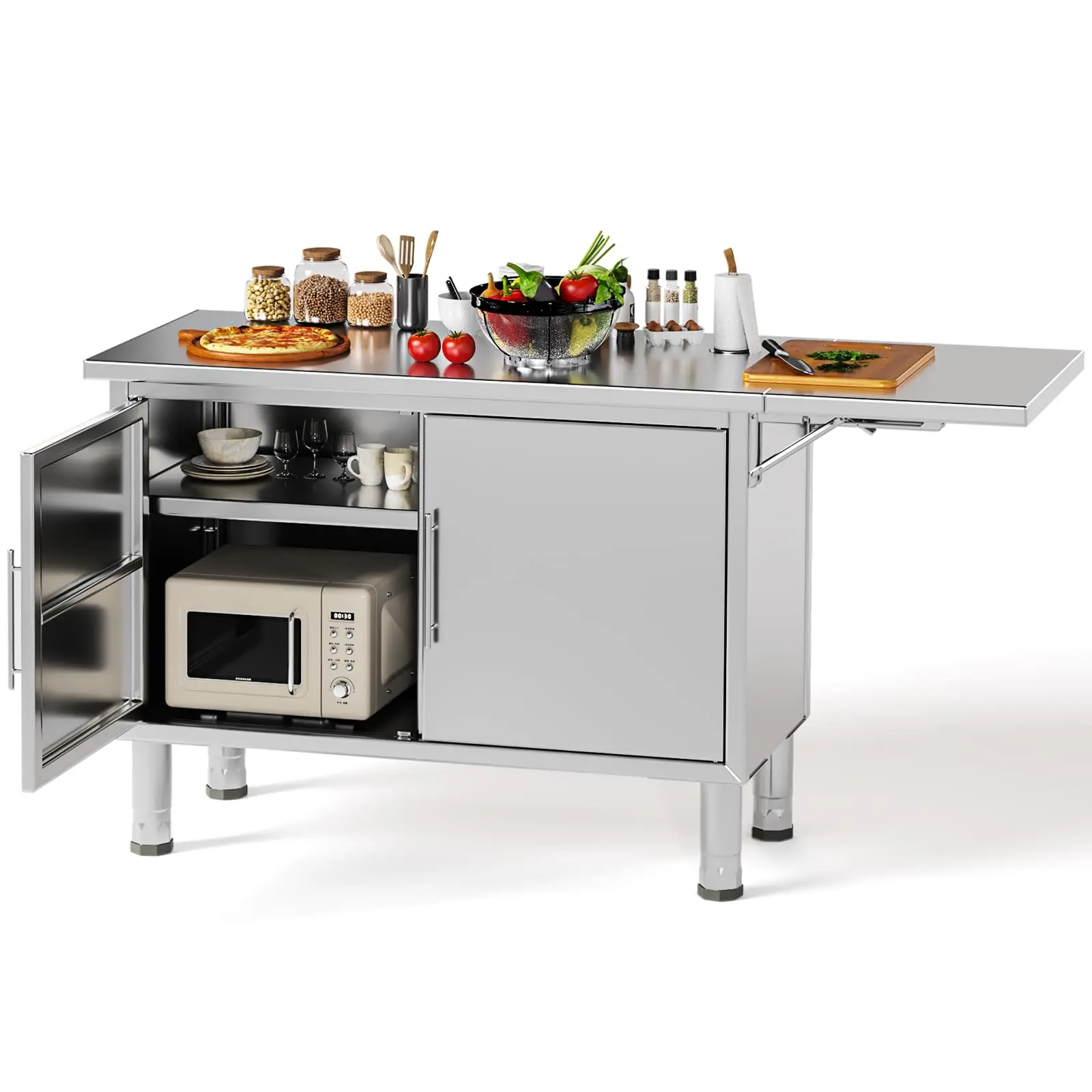 Stainless Steel Kitchen Cabinets, 57"x19.7" Commercial Worktable with Extend Panel & Adjustable Shelf, Heavy-Duty Kitchen Prep Table Workbench for Home, Restaurant, Garage and Hotel
