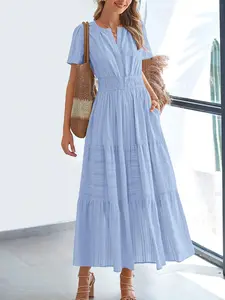 Womens Summer Maxi Dresses Short Sleeve High Waist Tiered Flowy A-Line Boho Bohemian Beach Long Dress Holiday Vacation Beach Valentine Long Dress Outfit