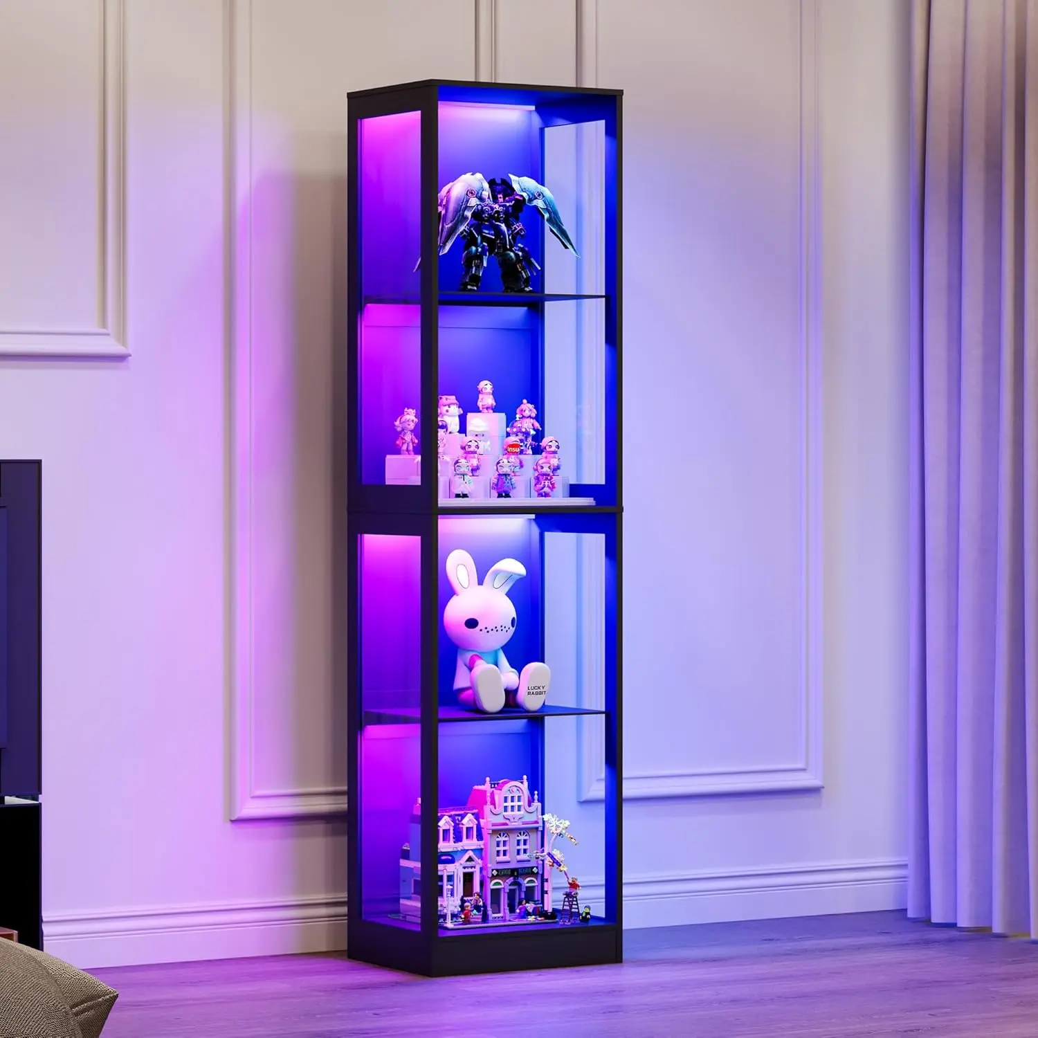 VanAcc Display Cabinet with RGB Lights, 4-Tier Storage Display Case for Collectibles, Adjustable Shelves, MDF and Tempered Glass, Black #homemakeover