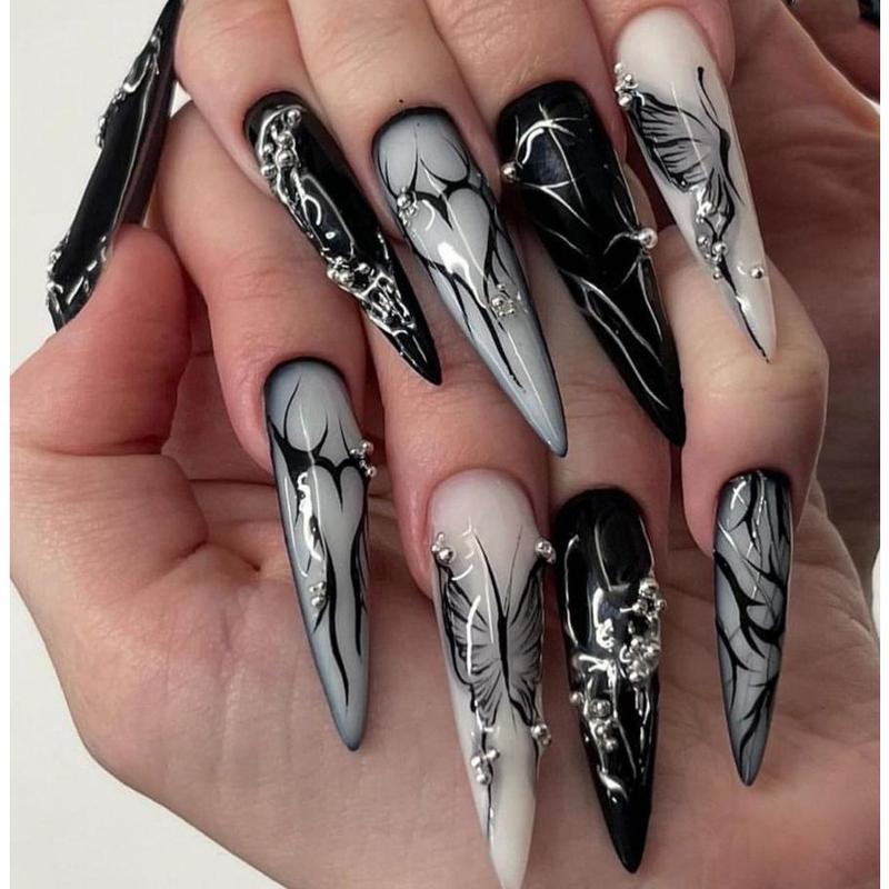 New Cross-Border Hot-Selling Fresh Style Nail Tips 3D Blue French Fish Tail Long Almond Wearable Nails Wholesale