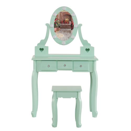 Karlhome Kids Vanity Set with Mirror and Lights and Stool, 5 Storage Drawers, Pretend Play Princess Makeup Desk Dressing Table and Stool Set for Little Girls Age 3+, Macaroon Pink