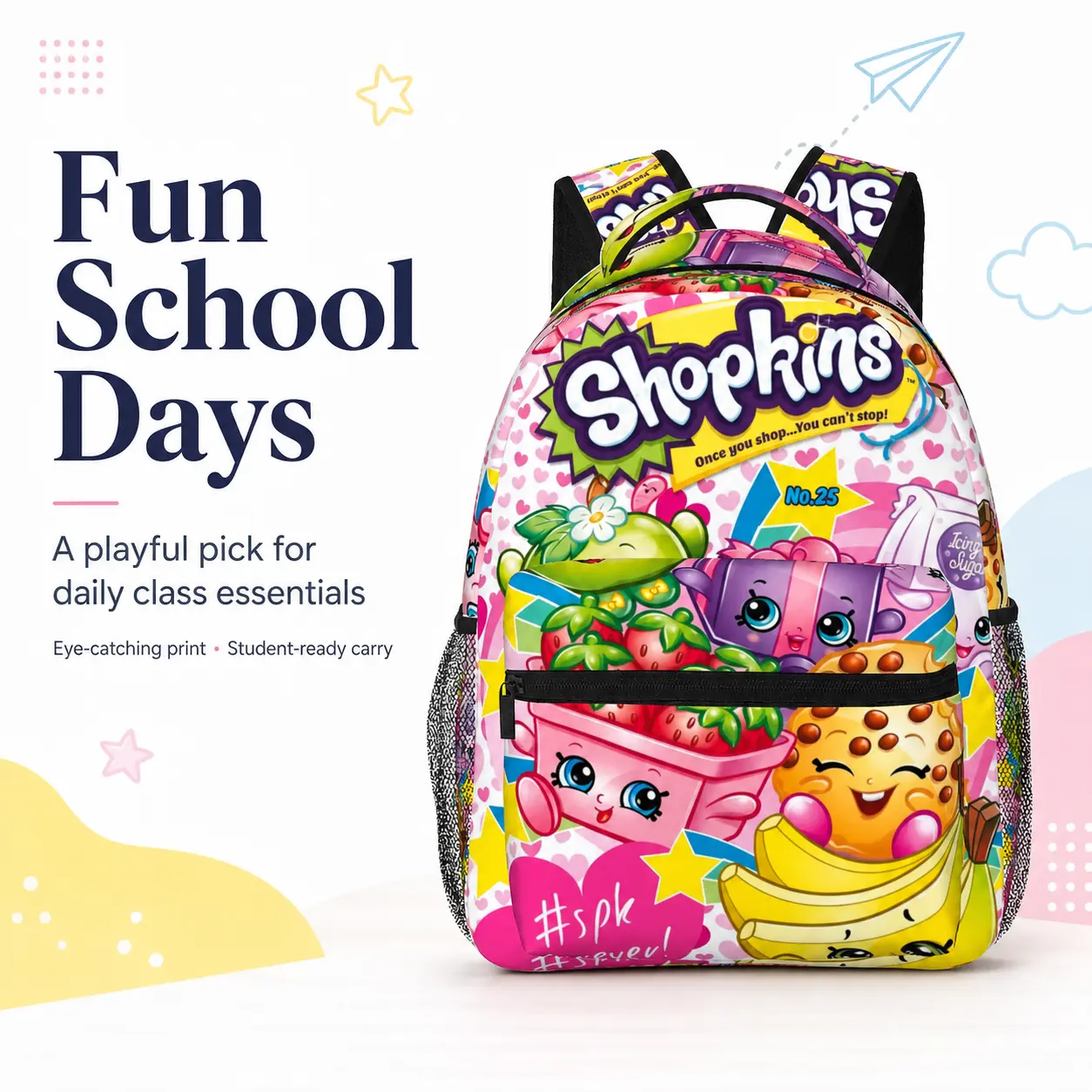 Cute Cartoon Snack Character Print Backpack, 20L Large Capacity Polyester Lightweight Girls School Bookbag, Casual Daypack for Travel Outdoor Picnic