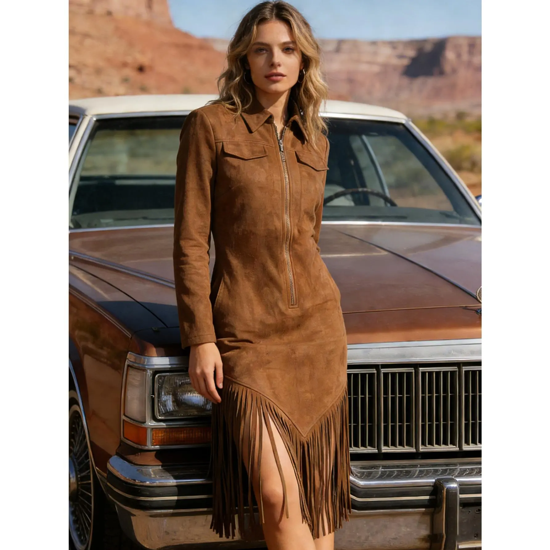 Women's Long Sleeve Fringe Tassel Dress Sexy Front Zipper Bodycon Midi Dress Plus Size S-XXL Fall Fashion （Suggest Size Up）