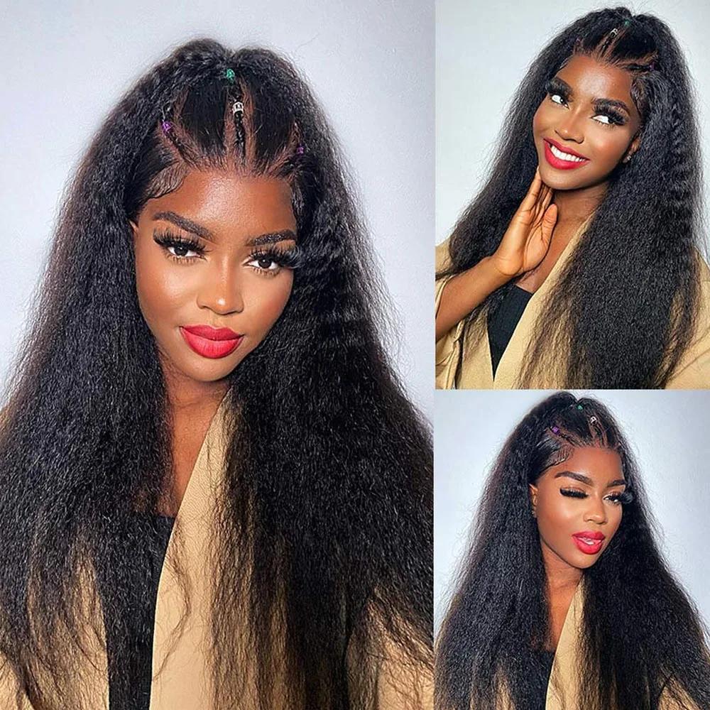 Bling Hair 180 Density Kinky Straight Glueless 360 Lace Frontal Wigs for Black Women 13x6 HD Lace Frontal Wig Preplucked Natural Black Color Soft Healthy Full Density