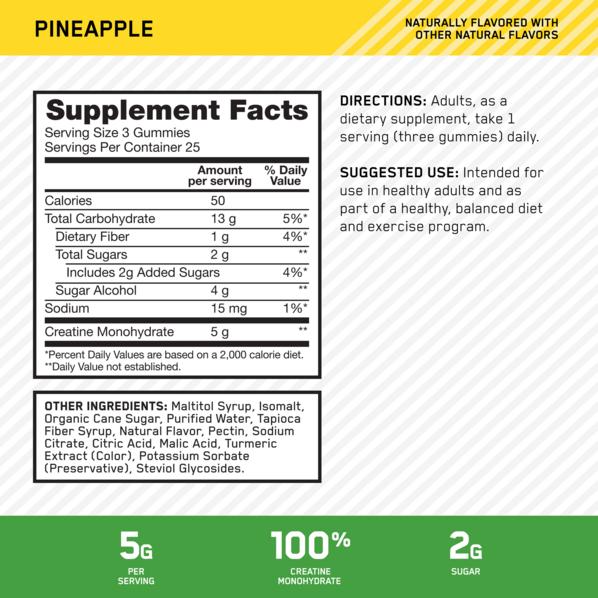 Optimum Nutrition Creatine Gummies (Pineapple) – 5g Creatine per Serving, 75 Gummies (25 Servings)  – Muscle, Power, Strength & Training Volume Support + Post-Workout Recovery – No Mixing, Gluten Free, No Synthetic Colors | Creatine Gummies Women