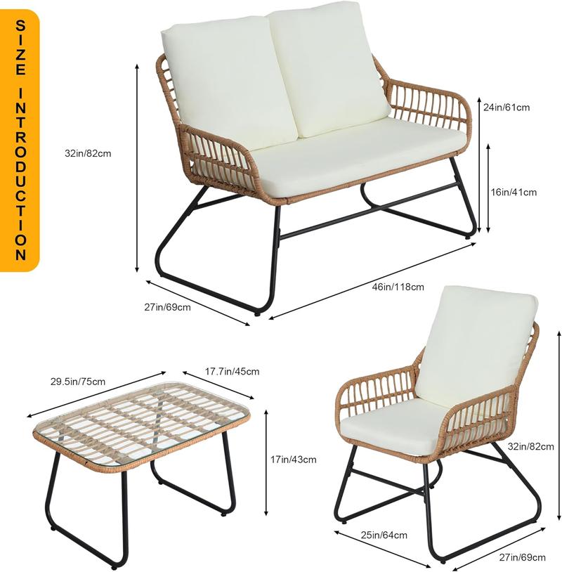 EortheX 4 Pieces Patio Outdoor Cushion Furniture Set,Patio Conversation Set,Rattan Wicker Bistro Sets with Loveseat Cushion Chairs and Modern Glass Coffee Table for Backyard Deck Balcony and Garden Lounge Spaces - Beige