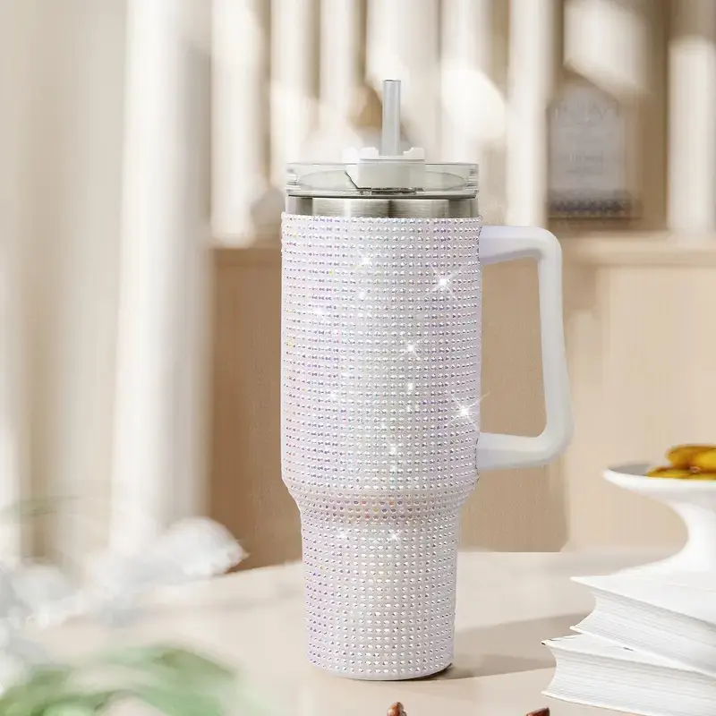 Rhinestone-studded 40oz insulated car tumbler with handle and straw (304 stainless steel)