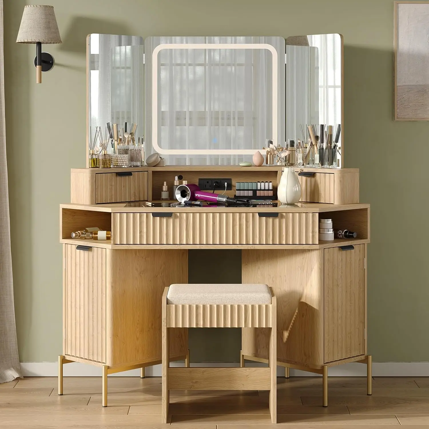 CollaredEagle 48in Modern Sturdy Vanity Desk - HD Triple Lit Mirrors, Glass Top, Charging Station, 1 Multifunctional Drawer, 2 Small Drawers, 2 Cabinets, Makeup Vanity Organizer for Summergarden Oak Corner Indoor Furniture & Beauty Rituals, Get Ready With