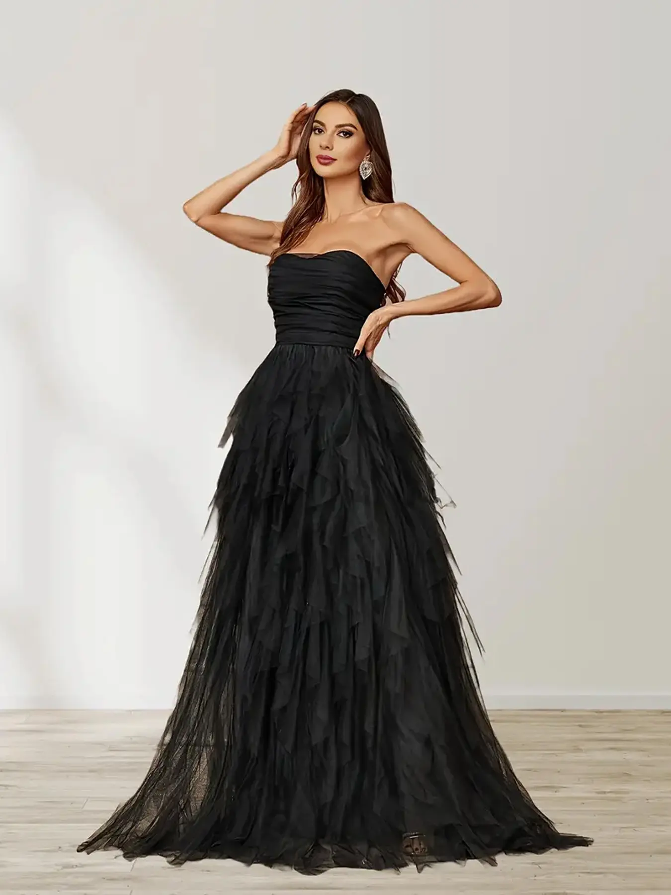 Women's Elegant Strapless Mermaid Formal Dress - Layered Mesh Bodycon, Floor-Length Sleeveless, All-Season Elegance, for Cocktail to Dinner, Wedding Guest Dresses, Black Tie Events, Hand-Wash Only, High-End Wear