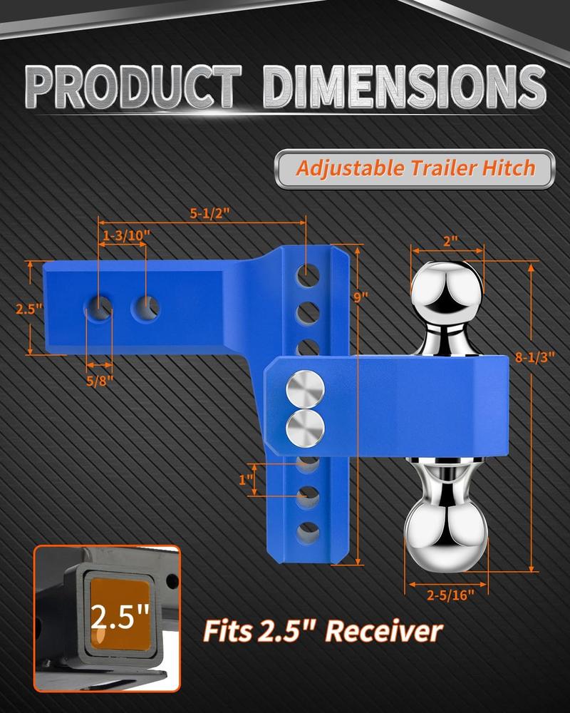 METOWARE Adjustable Trailer Hitch - Aluminum Tow Hitch Fits 2.5-Inch Receiver - Heavy Duty Drop Hitch with 6-Inch Drop/Rise for Truck (18,000 LBS GTW), Double Stainless Steel Locks & Hitch Pin