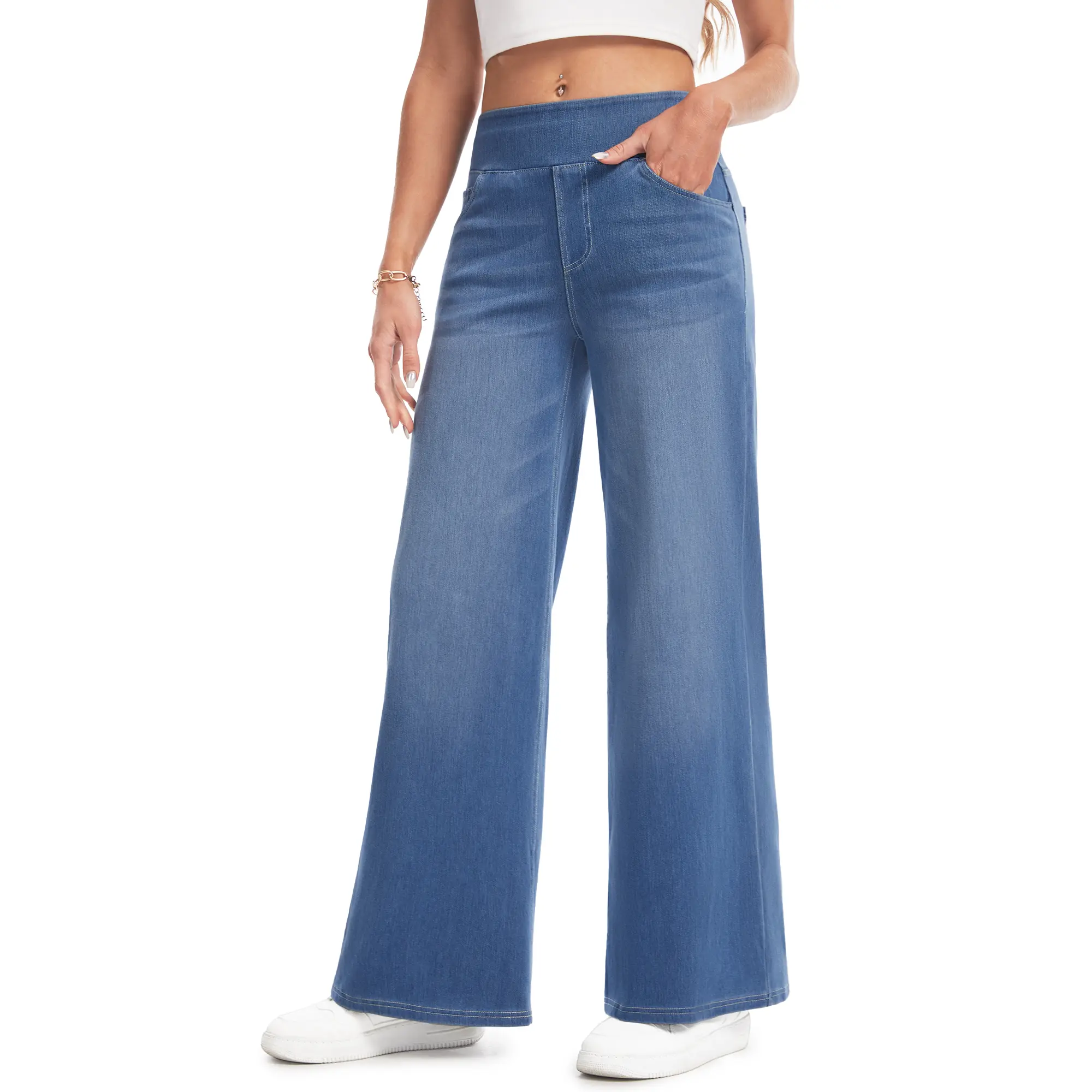 YUCOLEN Wide Leg Stretchy Jeans for Women Loose Fit Elastic High Waist Pants Pull On Baggy Fit Jeans Tummy Control Trousers Casual Work Wear (Regular Inseam),back to school shopping,clothes for back to school,first day of school outfits