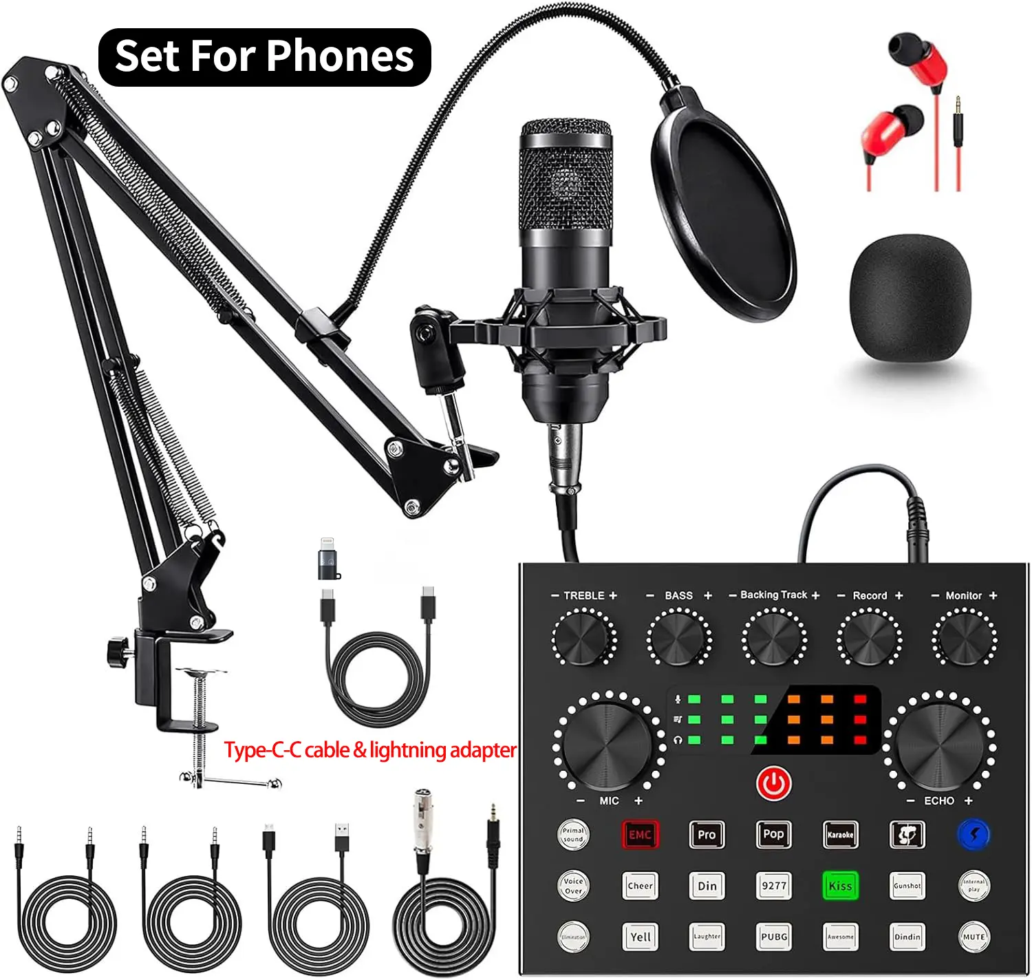ZealSound V8S Podcast Equipment Set for iphone, laptop, PC, Mobile, Tablet, phones, ipad, USB-C Audio Interface, Live Streaming Microphone, Sound Card, Headphones, Voice Changer, Lightning Adapter, Studio Monitor for TikTok, YouTube, Twitch