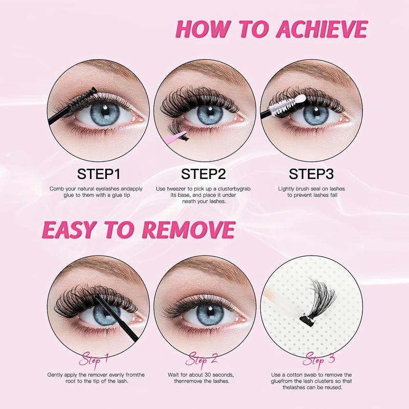 640 Pcs Lash Clusters Kit, Eyelash Clusters Individual Lash Extension Kit D Curl Fluffy Wispy False Eyelashes Extensions Thin Band with Bond Seal Tweezers Brush Removers (30D+40D+50D+60D KIT 8-16mm)