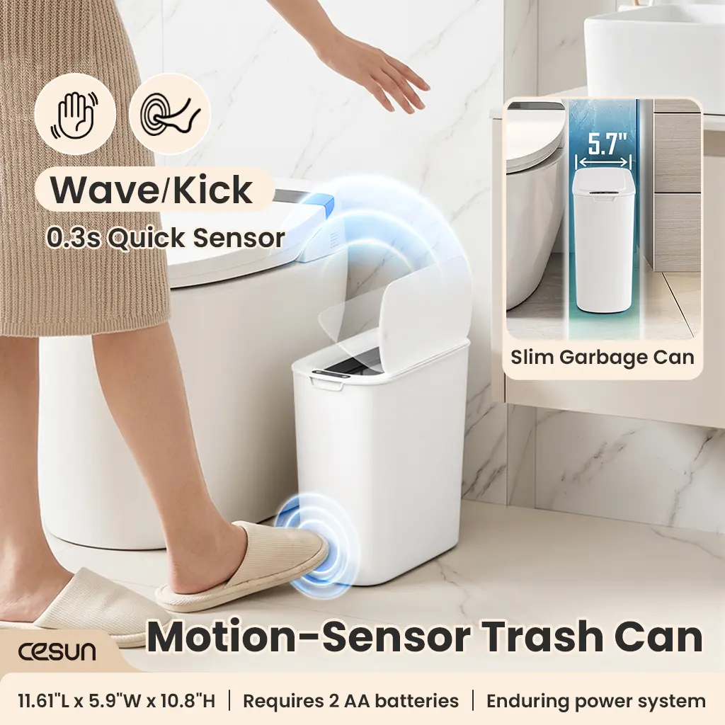 CESUN 2.6 Gal Touchless Trash Bin - Automatic Motion Sensor Plastic White Wastebasket with Lid, Smart Slim Modern Shape for Tight Spaces, Bathroom Accessories, Apartment Accessories
