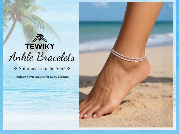 TEWIKY Dainty Layered Waterproof Anklet For Women Adjustable Womens Anklet Set Stackable Figaro Beaded Cuban Link Anklets Daily Clothing Decor For Beach Summer Trendy All-match & Exquisite Jewelry Back To School
