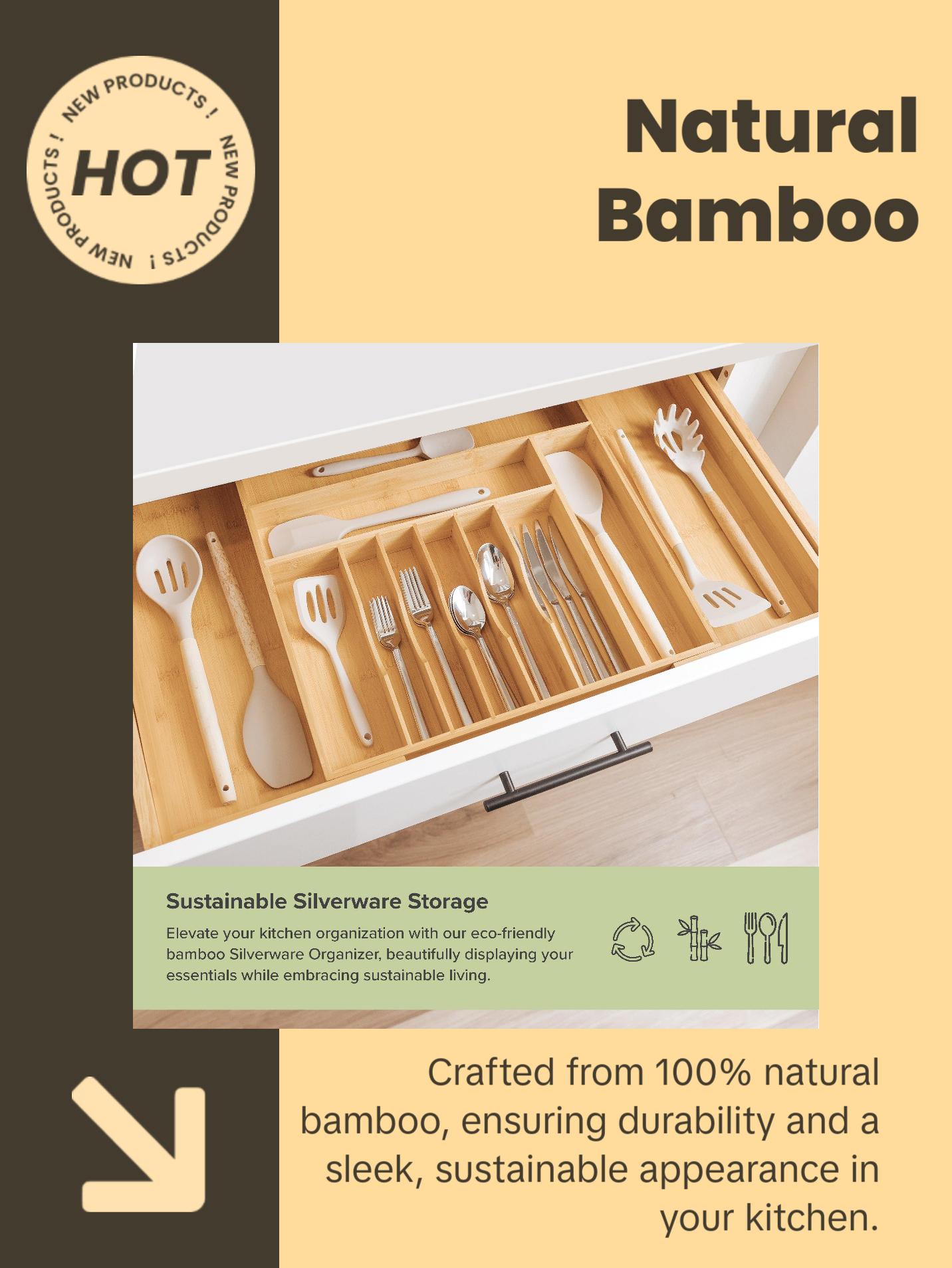 Premium Silverware, Flatware and Utensil Organizer for Kitchen Drawers, Food-Safe Contract Grade, Expandable from 18 to 33 In, Natural Bamboo Boxes Adjustable