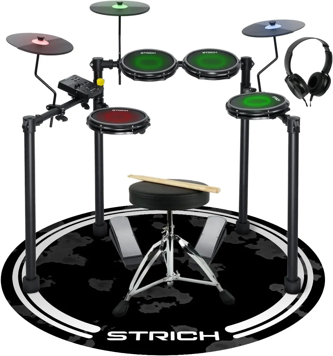 STRICH Electric Drum Set with Mesh Heads, LED Light-Up Drum Pads, USB MIDI, Quiet Foldable Electronic Drum Kit with Throne, Headphones & Drum Mat for Beginners and Home Practic, SED-T03