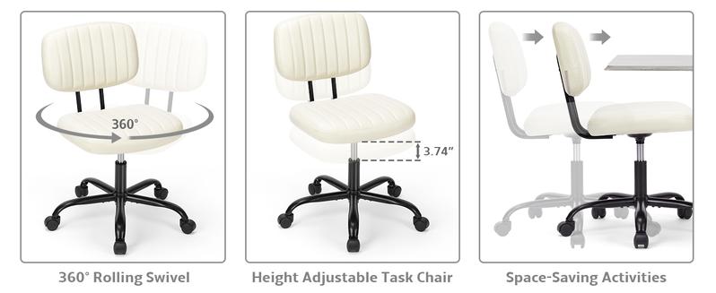 Modern Height Adjustable Small Office Desk Chair with WheelsComfy Armless PU Leather Rolling Swivel Task Chair Perfect for Adults, Students, Bedrooms, Homes, and Vanities