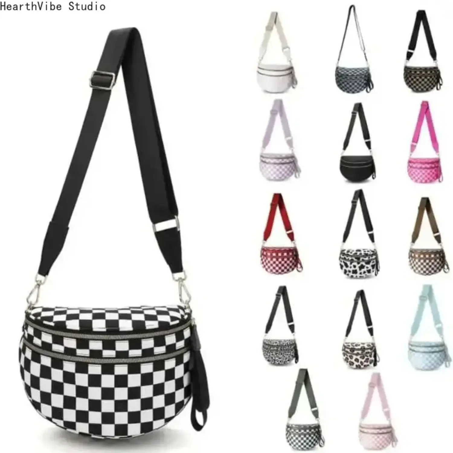 2026 Women Checkered Nylon Fanny Pack Y2K Trendy Crossbody Belt Bag Adjustable Strap Sling Purse Large Capacity Waist Pouch for Outdoor Festival