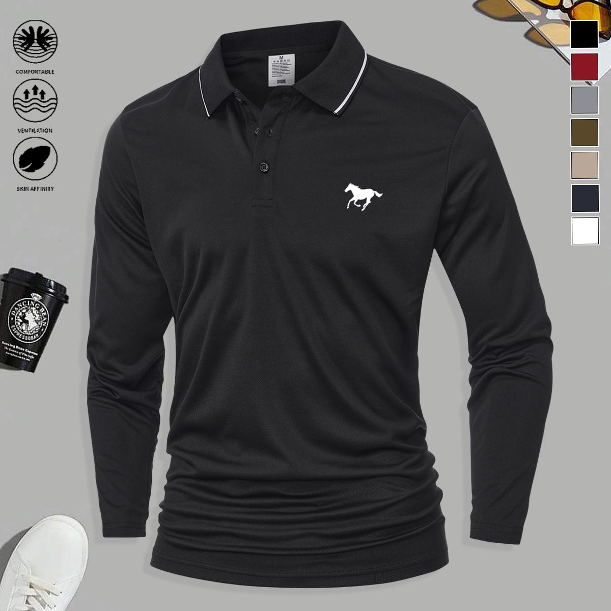 5PCS Men’s Polo Collar Long Sleeve Top, stylish, simple, multifunctional, fashionable print design, available in multiple colors, sporty casual, soft and comfortable