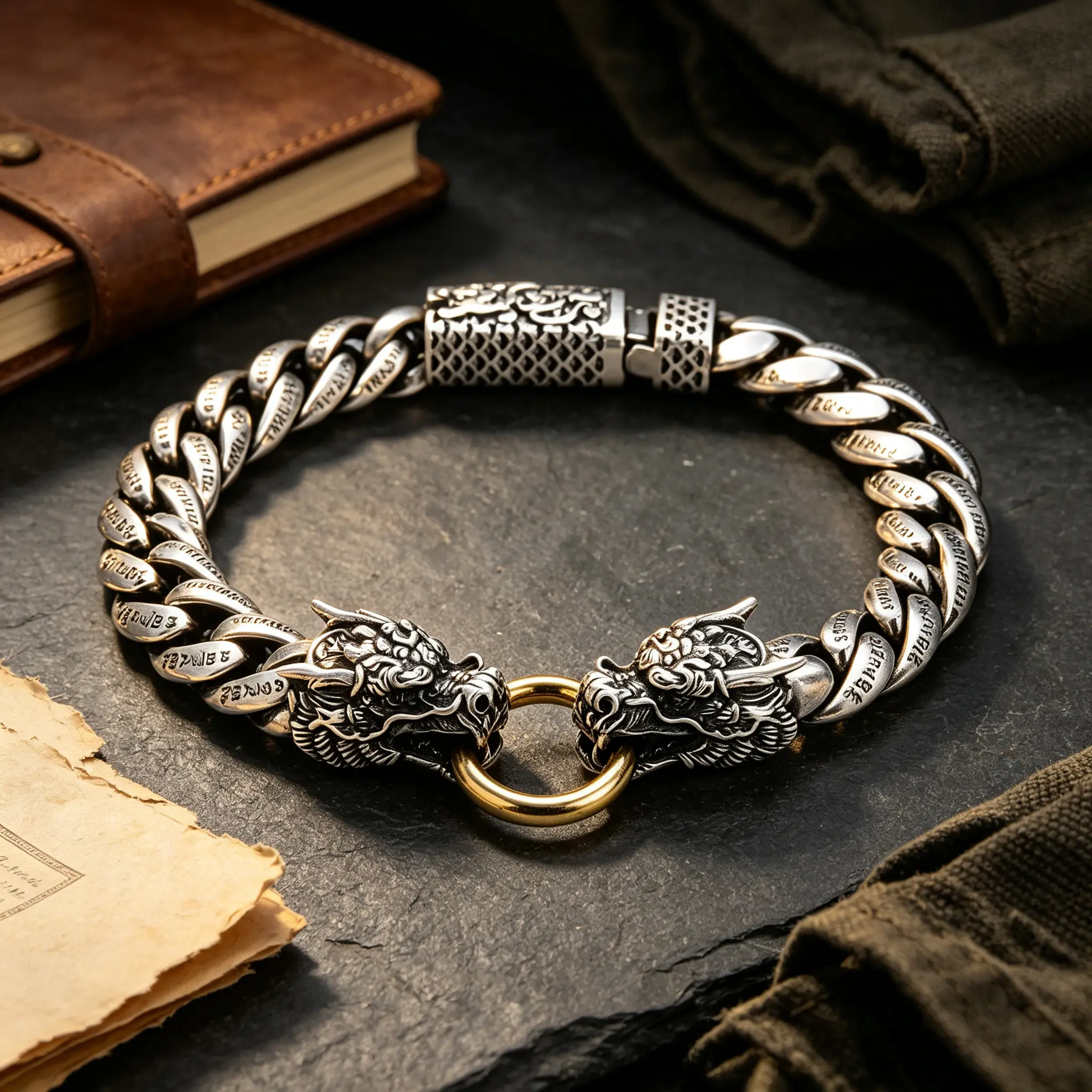 Men's 925 Silver-Plated Vintage Dual Dragon Head Cuban Link Bracelet - 2-Tone Gothic Bold Look Male Jewelry, Magnetic Clasp, Night Out Streetwear Accessory, Stacking Pair Gift for Him
