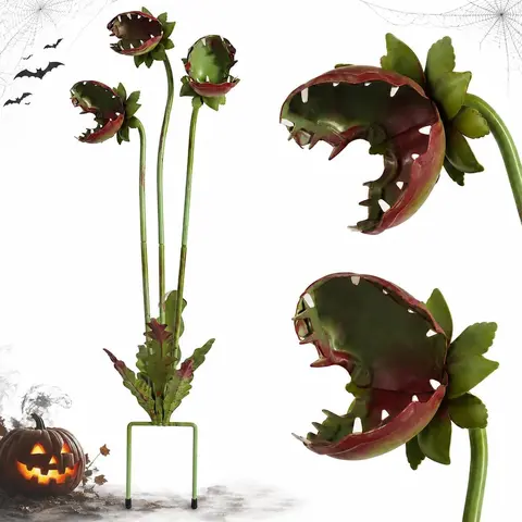 25 in Metal Carnivorous Plant Garden Stake - 2-Prong Stability, Weatherproof Coating, Durable Sculpture, Vivid Color Retention Outdoor Decor, Exterior Fixtures, Whimsical Stuff, Unique Gift for Garden Enthusiasts (1 Pc, Venus Flytrap Vibe, All Seasons)