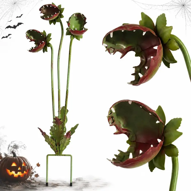 25 in Metal Carnivorous Plant Garden Stake - 2-Prong Stability, Weatherproof Coating, Durable Sculpture, Vivid Color Retention Outdoor Decor, Exterior Fixtures, Whimsical Stuff, Unique Gift for Garden Enthusiasts (1 Pc, Venus Flytrap Vibe, All Seasons)