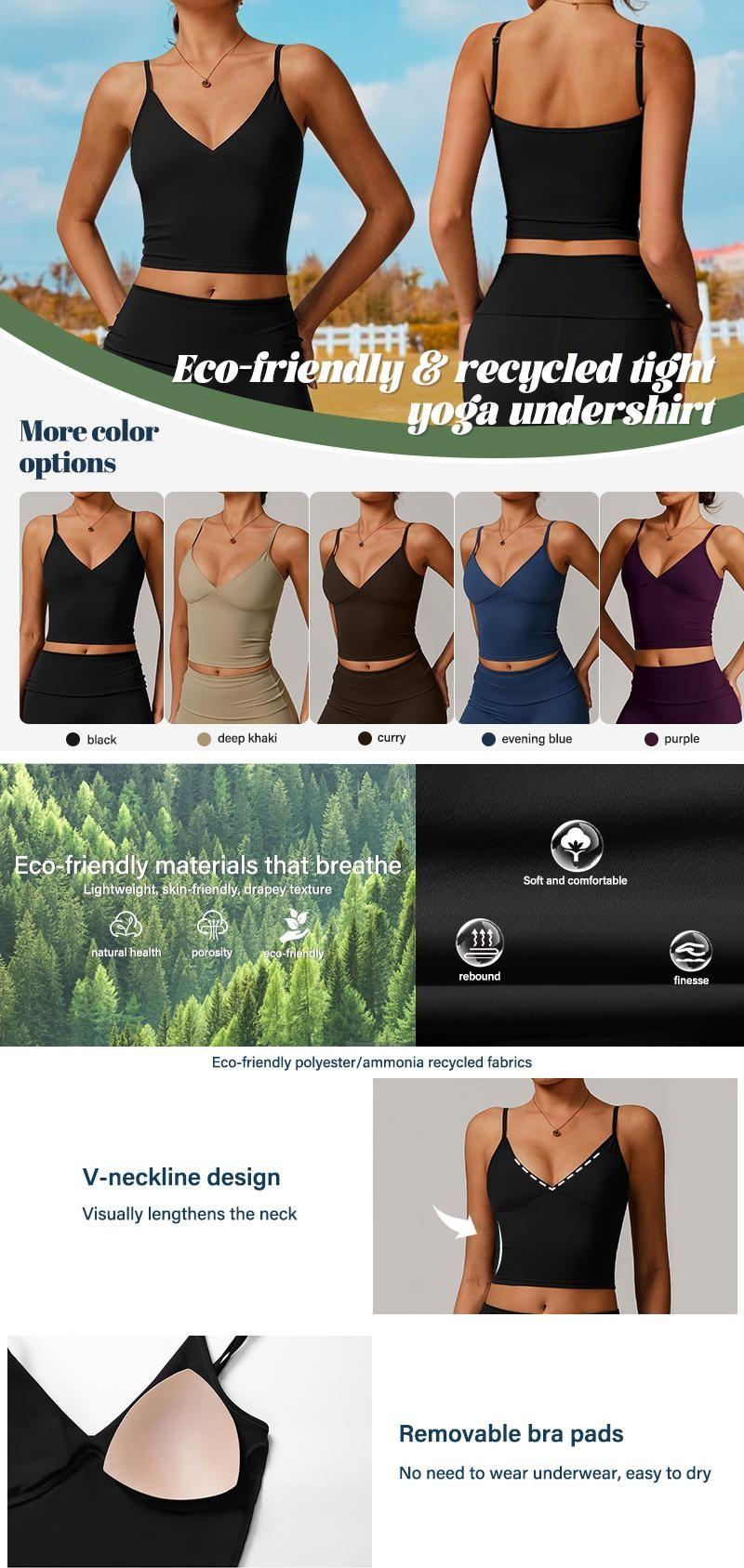 Women's spaghetti strap tank top with invisible bra padding, sexy deep V-neck pleats, comfortable wire-free sports bra, slim-fit outerwear basic top, suitable for yoga, fitness, and summer wear.
