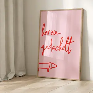 No Framed - Welcome Dachshund Art Print - Vibrant Turquoise & Neon Pink Entrance Decor - Fun Colorful Dog Poster for Hallway & Front Door Area