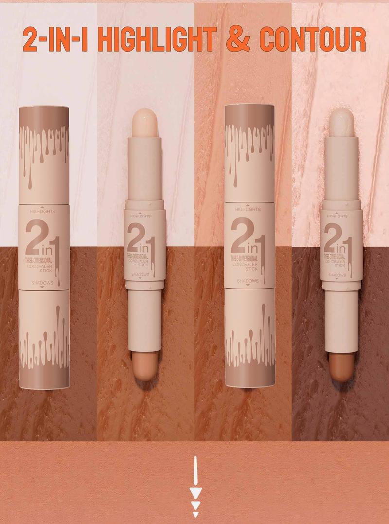 2-IN-1 Dual-End Highlight & Contour Stick, Three-Dimensional Shaping, Easy to Use & Portable, Brightens & Defines, Waterproof & Easy to Remove, Long-lasting, Smooth Creamy Blendable Formula, Natural Buildable Coverage, For All Skin Types