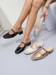 Chic Vintage Mary Jane Mules for Women Square Toe Low Block Heel Woven Slides with Rhinestone Clover Strap Elegant Patent Leather Dressy Sandals Comfortable Wedding Guest Shoes Office Work Pumps Gold Black Apricot2026