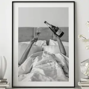Woman Drinking Wine in Bed, Black and White Poster Print