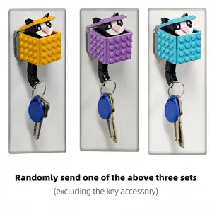 Cute Cat in Box Building Blocks Adhesive Hook - 2-in-1 Decor & Key Holder for Wall, Fun Organizer for Coats, Towels & Bags