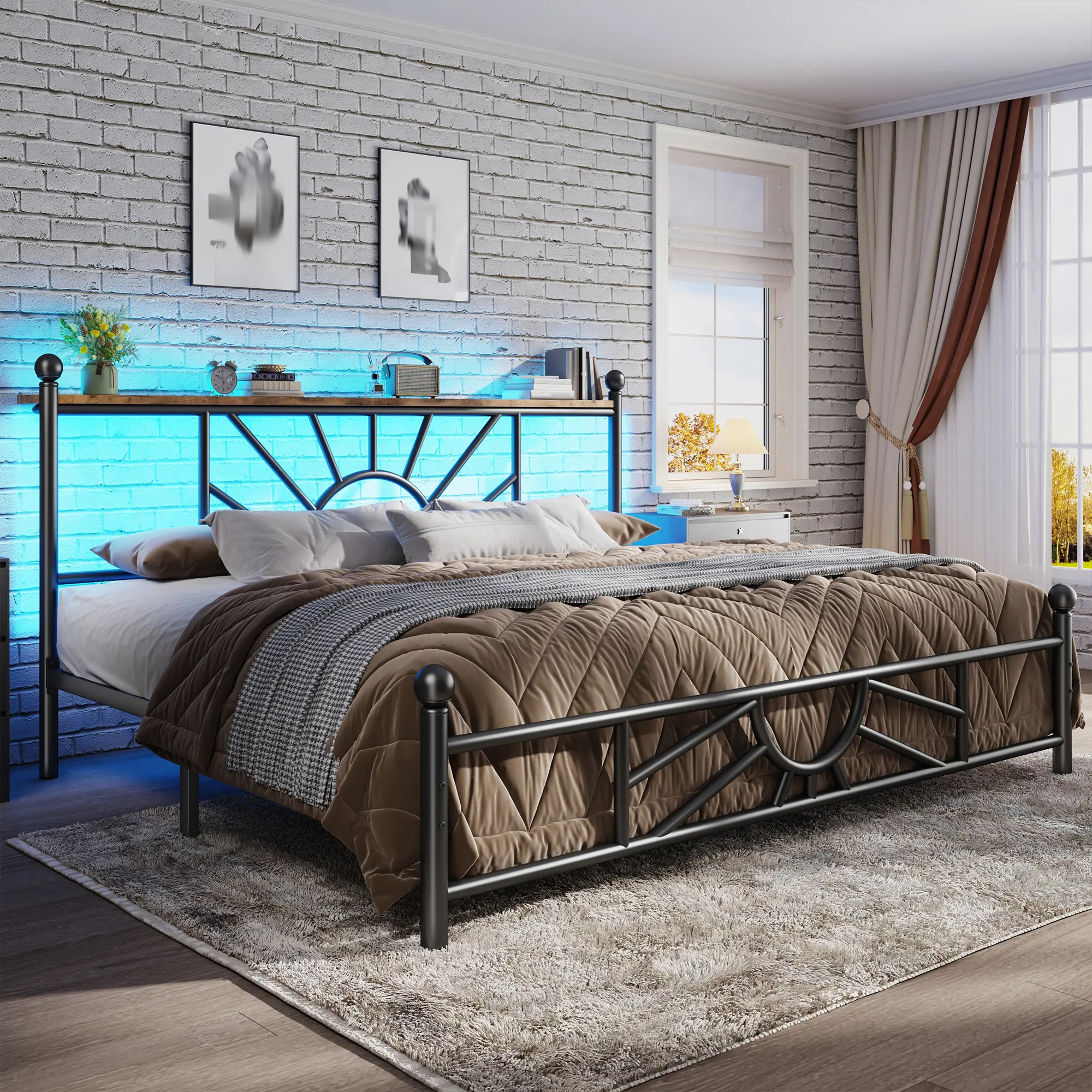【Back to school】Raybee Modern King/Queen Size Bed Frame, Sturdy Metal Bed Frame with Headboard & LED, NO MATTRESS,Spacious Under Bed Storage Space, Noise-Free, Easy Assembly, Modern Bedroom Furniture, 1300 lbs Capacity, Easy Assembly #Back to school