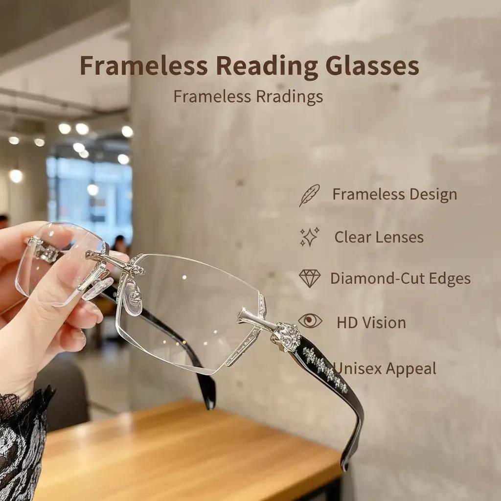 Frameless Reading Glasses with Clear Lenses, Diamond-Cut Edges & Fashion Metal Temple Decor, HD Vision for Reading, Computer Gaming, and Street Style, Unisex Women/Men Daily SpringStatements