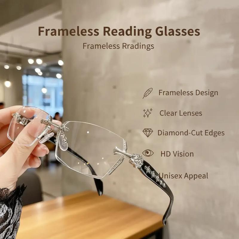 Frameless Reading Glasses with Clear Lenses, Diamond-Cut Edges & Fashion Metal Temple Decor, HD Vision for Reading, Computer Gaming, and Street Style, Unisex Women/Men Daily
