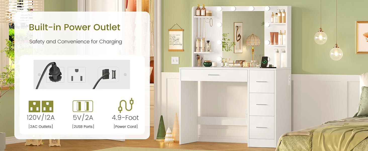 Modern LED Light White Vanity Desk with Power Outlet and Mirror for Makeup & Hair Styling 4 Drawers 3 Color Modes Adjustable Brightness Dressing Table Bedroom