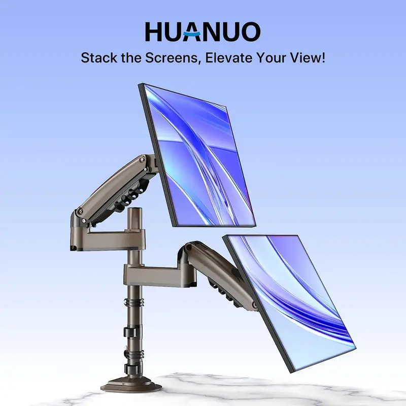 HUANUO Stackable Dual Monitor Arm for 13''–32'' Screens, Gas Spring Adjustable Mount, Holds up to 19.8 lbs per Arm, C-Clamp & Grommet Base — Also Supports Single Arm up to 34''#TikTokShopBlackFriday
