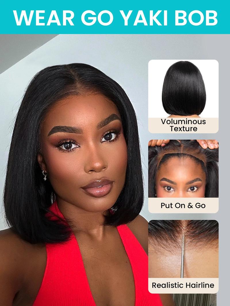 【12‘’ Only $79】 Wear & Go Yaki Straight Glueless Bob Wig Pull Go Pre Cut Lace Wig Natural Human Hair Wig Pre-Everything Wig #1B 180% Density Glueless Lace Black Yaki Bob Bleached Knots Wig