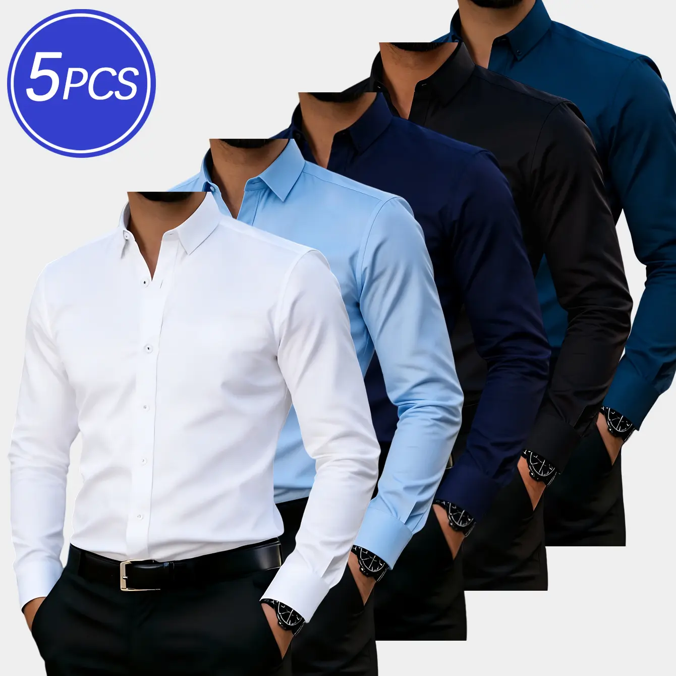Men's 5-Pack Non-Iron Slim Fit Dress Shirts, 60% Polyester 40% Cotton Fabric, Soft Tops for Office Work & Travel, Classic Colors Menswear