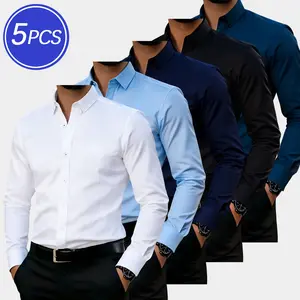 Men's 5-Pack Non-Iron Dress Shirts – Slim Fit, 60% Polyester 40% Cotton, Classic Colors for Work, Meetings & Travel#SummerVibes